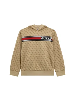 Felpa con cappuccio e logo allover beige