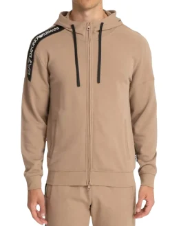 Felpa con cappuccio e zip con banda logata sulla spalla beige