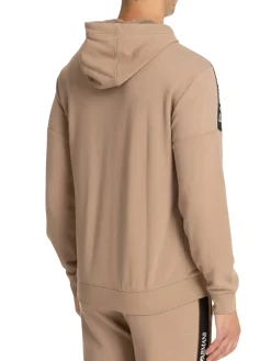 Felpa con cappuccio e zip con banda logata sulla spalla beige