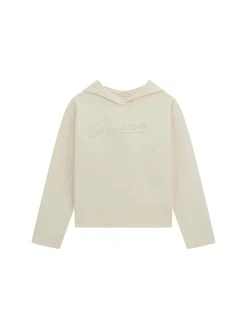 Felpa con cappuccio in maglia e logo frontale crema