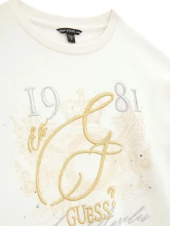 Felpa con ricamo logo lettering e strass crema