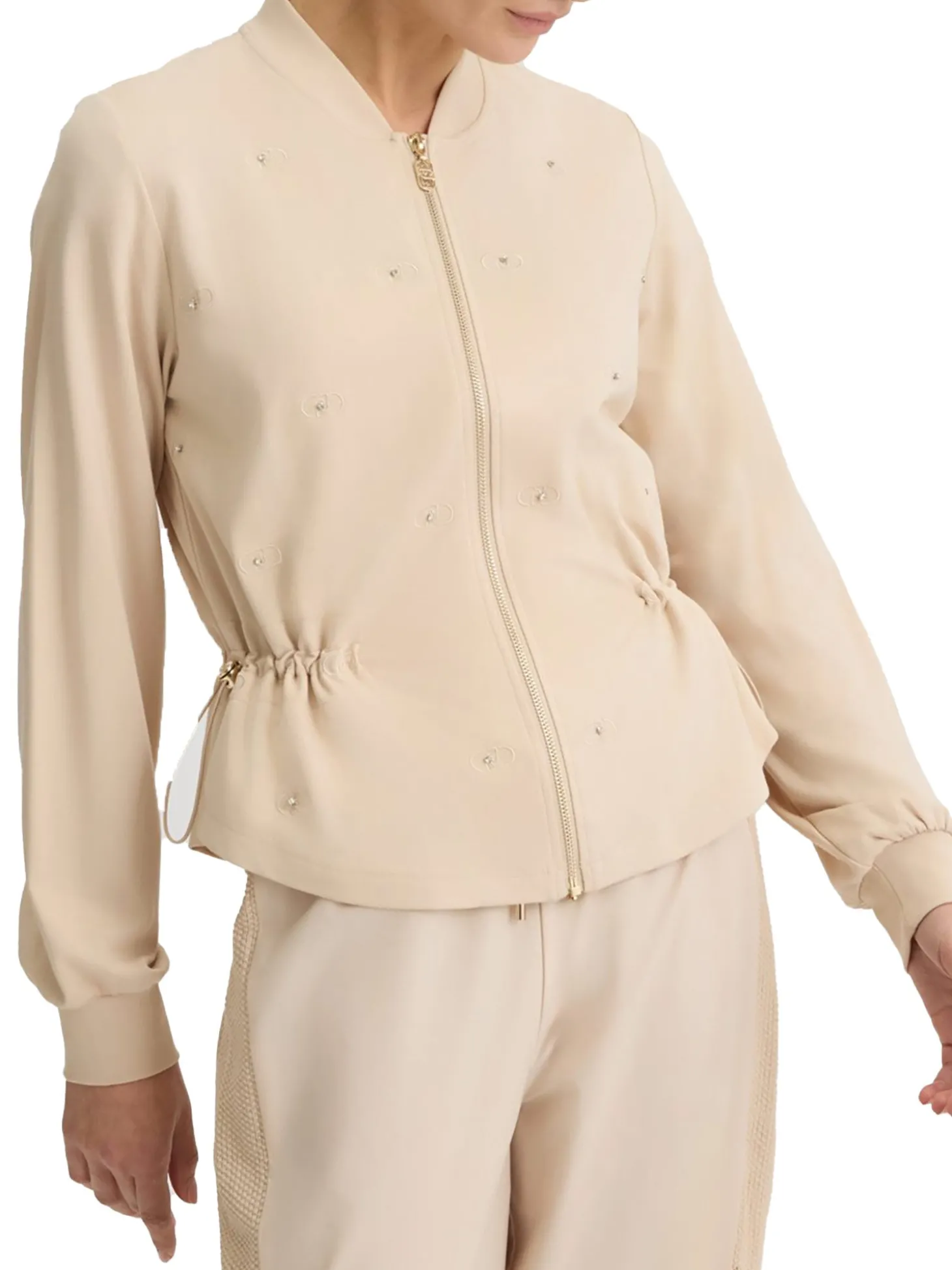 Felpa con zip e strass beige
