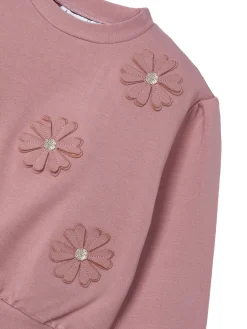 Felpa manica lunga applicazione fiori rosa