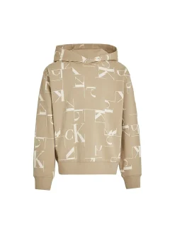 Felpa teen con cappuccio logo allover beige