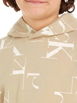 Felpa teen con cappuccio logo allover beige