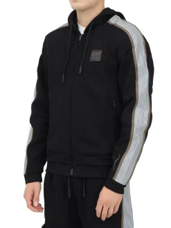 Felpa zip e cappuccio con banda in tessuto mesh nero