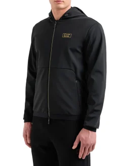 Felpa zip e cappuccio tessuto tecnico logo sul petto nero