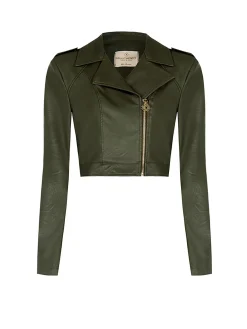 Giacca corta in ecopelle verde militare