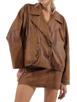 Giacca doppiopetto ecopelle cognac