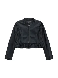 Giacca ecopelle con balze bambina nero
