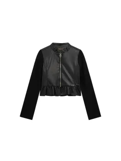 Giacca in ecopelle con rouches e strass nero
