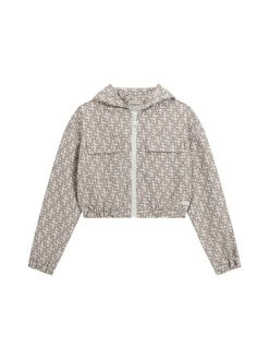 Giacca zip con capuccio logo allover beige