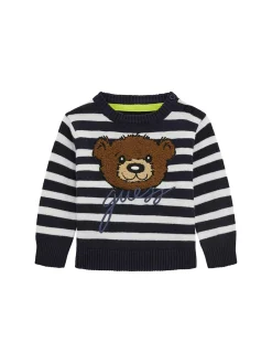 Girocollo neonato a righe con ricamo teddy blu/bianco
