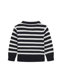 Girocollo neonato a righe con ricamo teddy blu/bianco