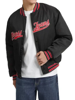Giubbino bomber varsity con patch script nero