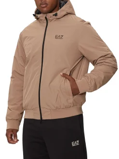 Giubbino con cappuccio e dettagli a contrasto beige/nero