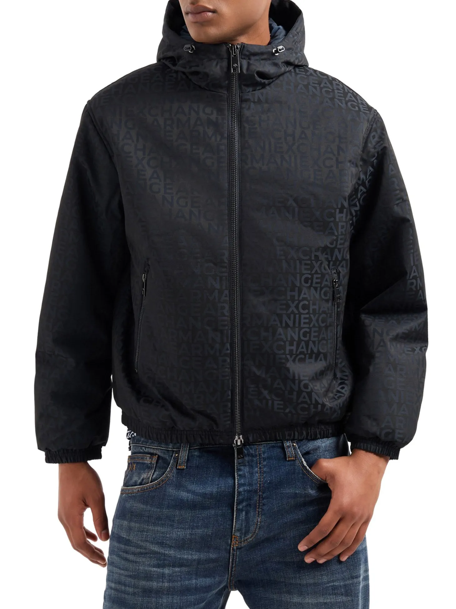 Giubbino con zip e cappuccio logo lettering nero