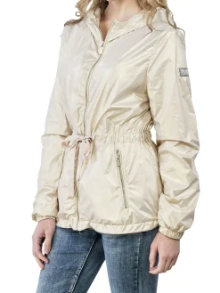 Giubbino zip con cappuccio e coulisse in vita avorio