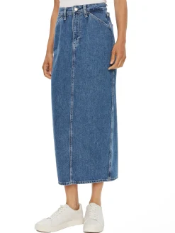 Gonna lunga con logo posteriore in denim chiaro