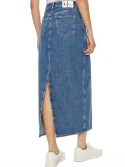 Gonna lunga con logo posteriore in denim chiaro