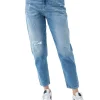 Jeans Mom Fit tapered con abrasioni denim chiaro