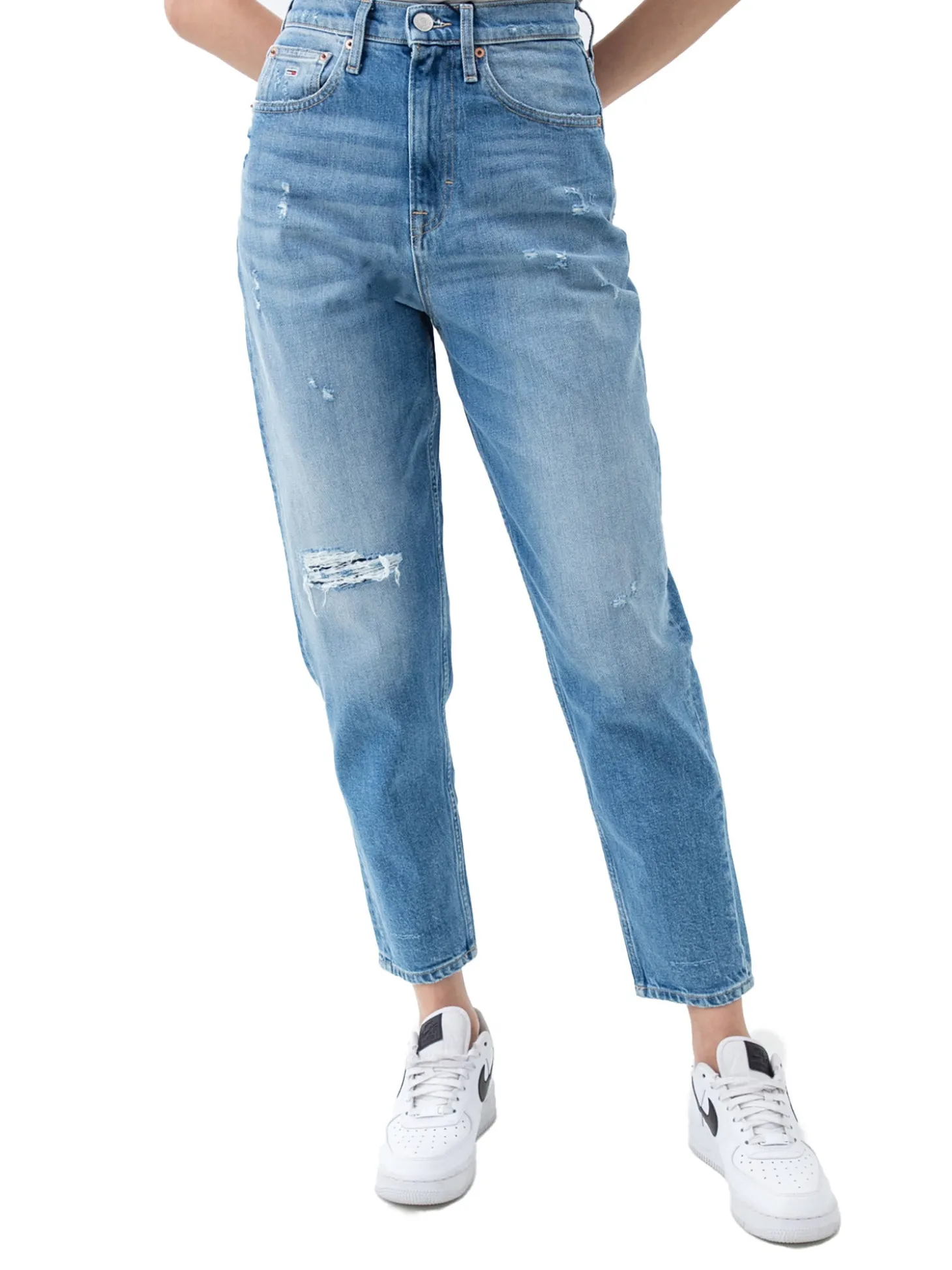 Jeans Mom Fit tapered con abrasioni denim chiaro
