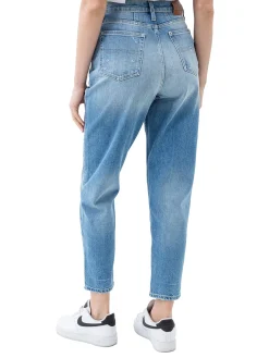 Jeans Mom Fit tapered con abrasioni denim chiaro