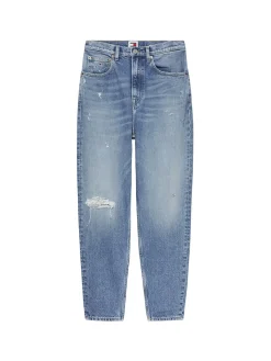 Jeans Mom Fit tapered con abrasioni denim chiaro