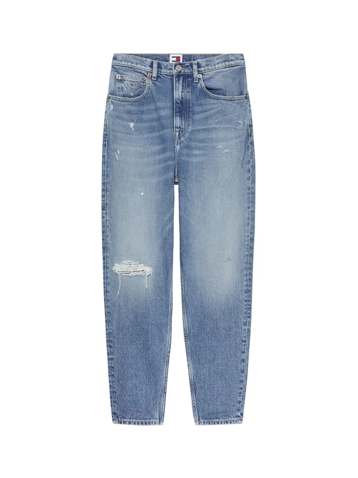 Jeans Mom Fit tapered con abrasioni denim chiaro