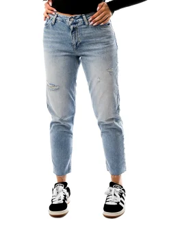Jeans mom stretch a vita alta in denim chiaro