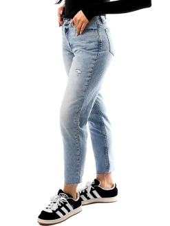 Jeans mom stretch a vita alta in denim chiaro