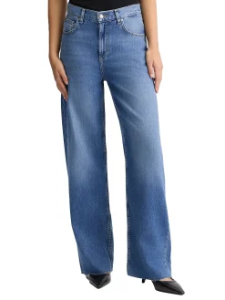 Jeans wide leg con piega stirata denim medio