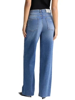 Jeans wide leg con piega stirata denim medio