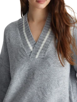 Maglia a V manica lunga all over grigio