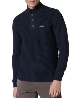 Maglia collo alto con bottoni e ricamo aquila turrita blu notte