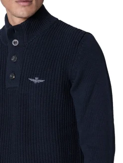 Maglia collo alto con bottoni e ricamo aquila turrita blu notte
