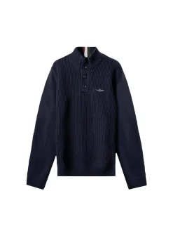 Maglia collo alto con bottoni e ricamo aquila turrita blu notte