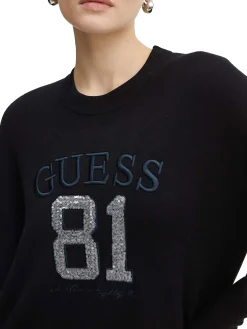 Maglia girocollo con logo frontale in paillettes nero