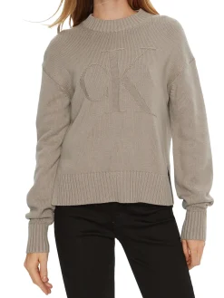 Maglione a coste con logo intarsiato sul petto mastice