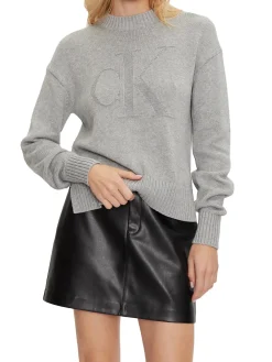 Maglione a coste con logo intarsiato sul petto grigio chiaro