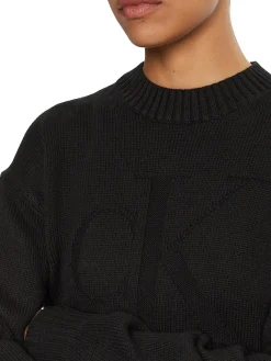 Maglione a coste con logo intarsiato sul petto nero