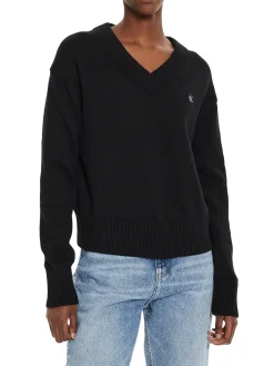 Maglione con scollo a v e logo sul petto nero