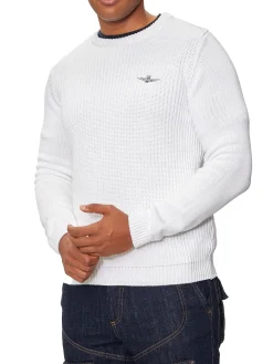 Maglione girocollo doppia texture e logo aquila turrita bianco