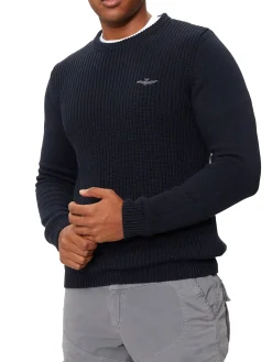 Maglione girocollo doppia texture e logo aquila turrita blu notte
