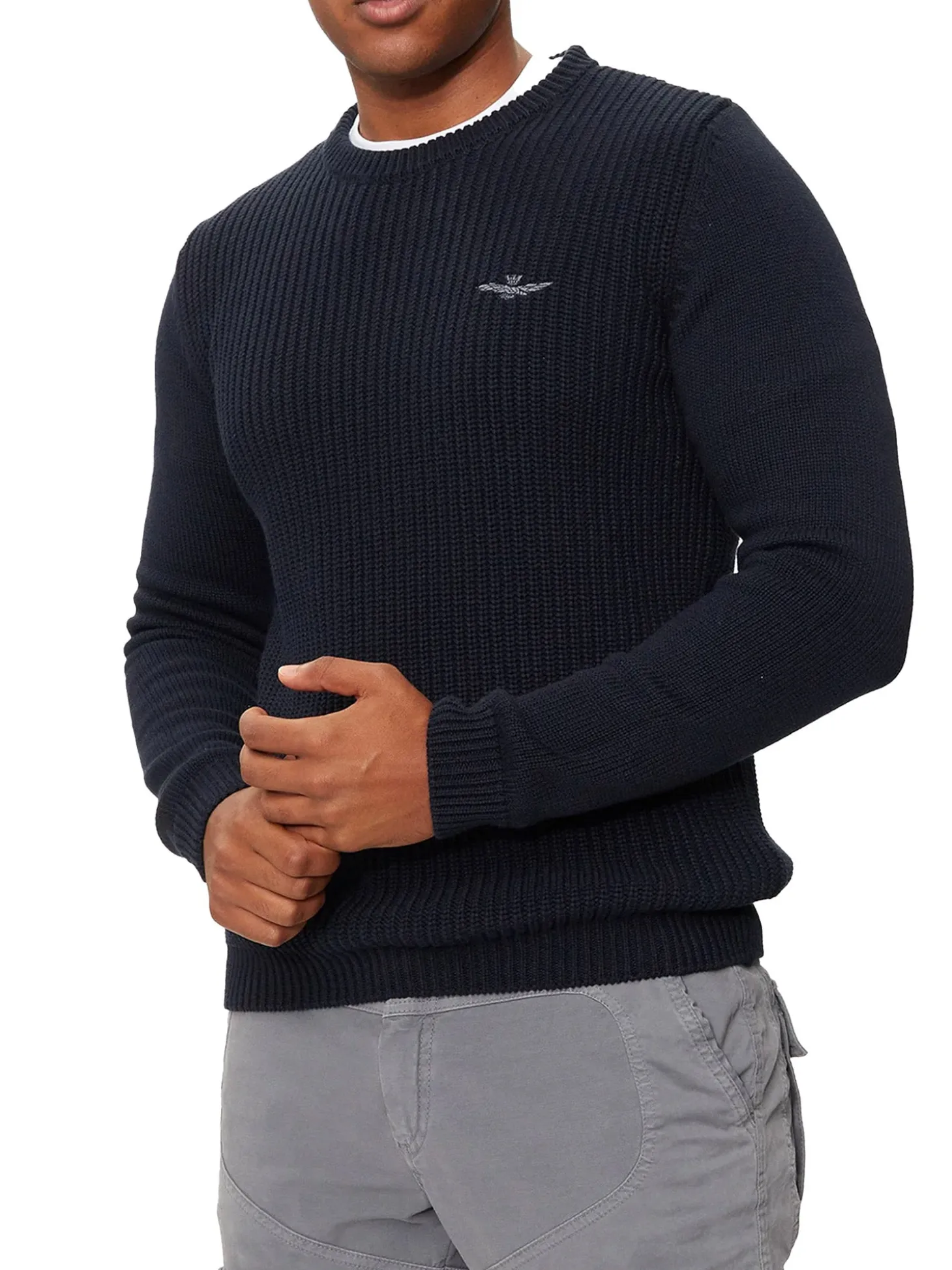 Maglione girocollo doppia texture e logo aquila turrita blu notte