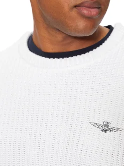 Maglione girocollo doppia texture e logo aquila turrita bianco