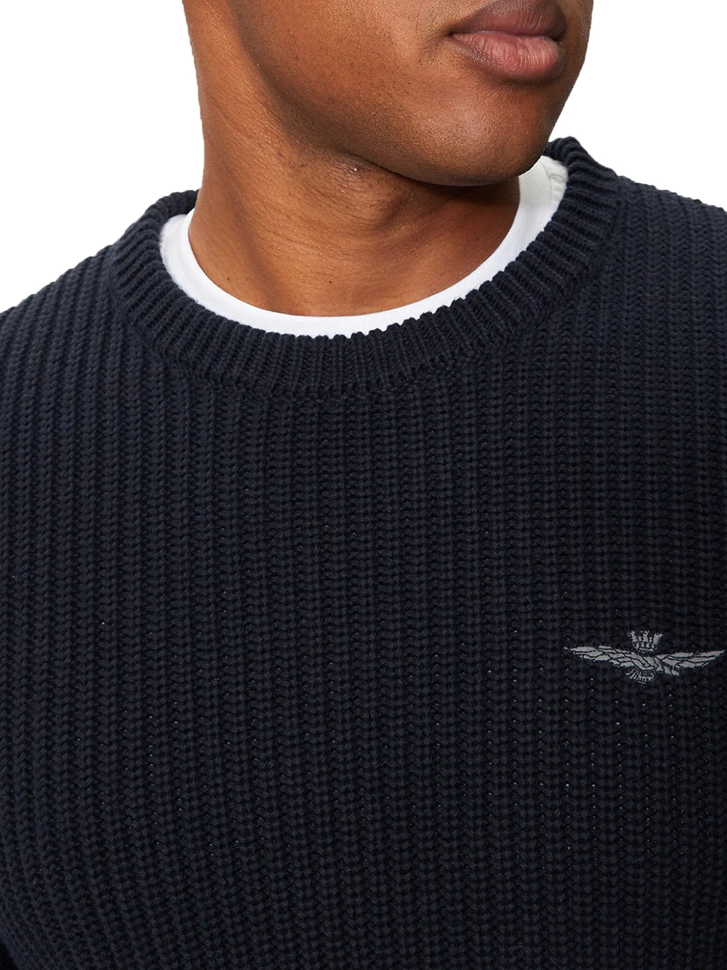 Maglione girocollo doppia texture e logo aquila turrita blu notte
