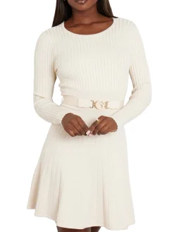 Mini abito fit and flare in maglia con cintura crema