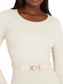 Mini abito fit and flare in maglia con cintura crema