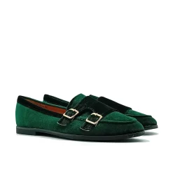 Mocassino in vellutto con doppia fibbia verde